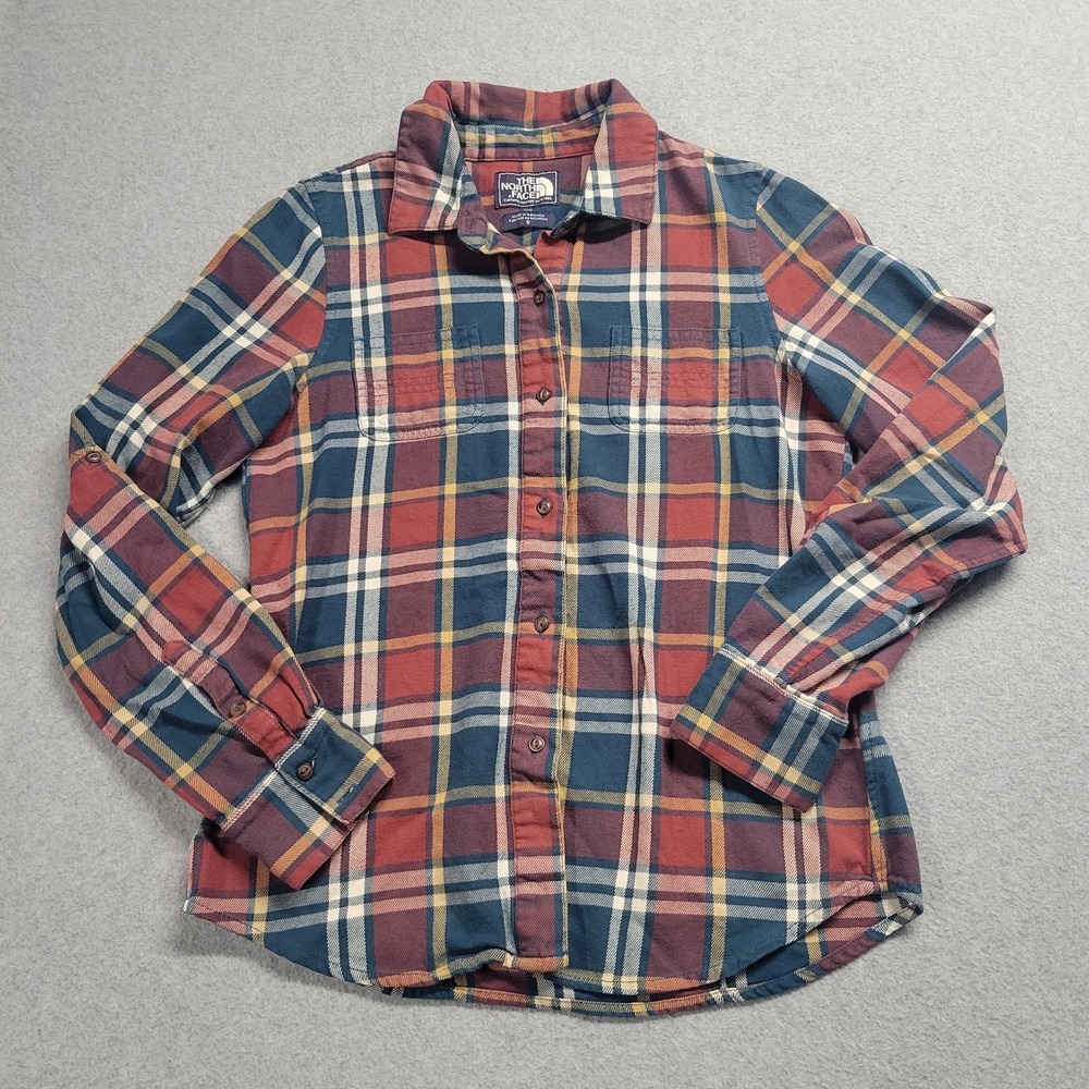 The North Face‎ Womens Red Blue Plaid Flannel Button Down Shirt Size Small